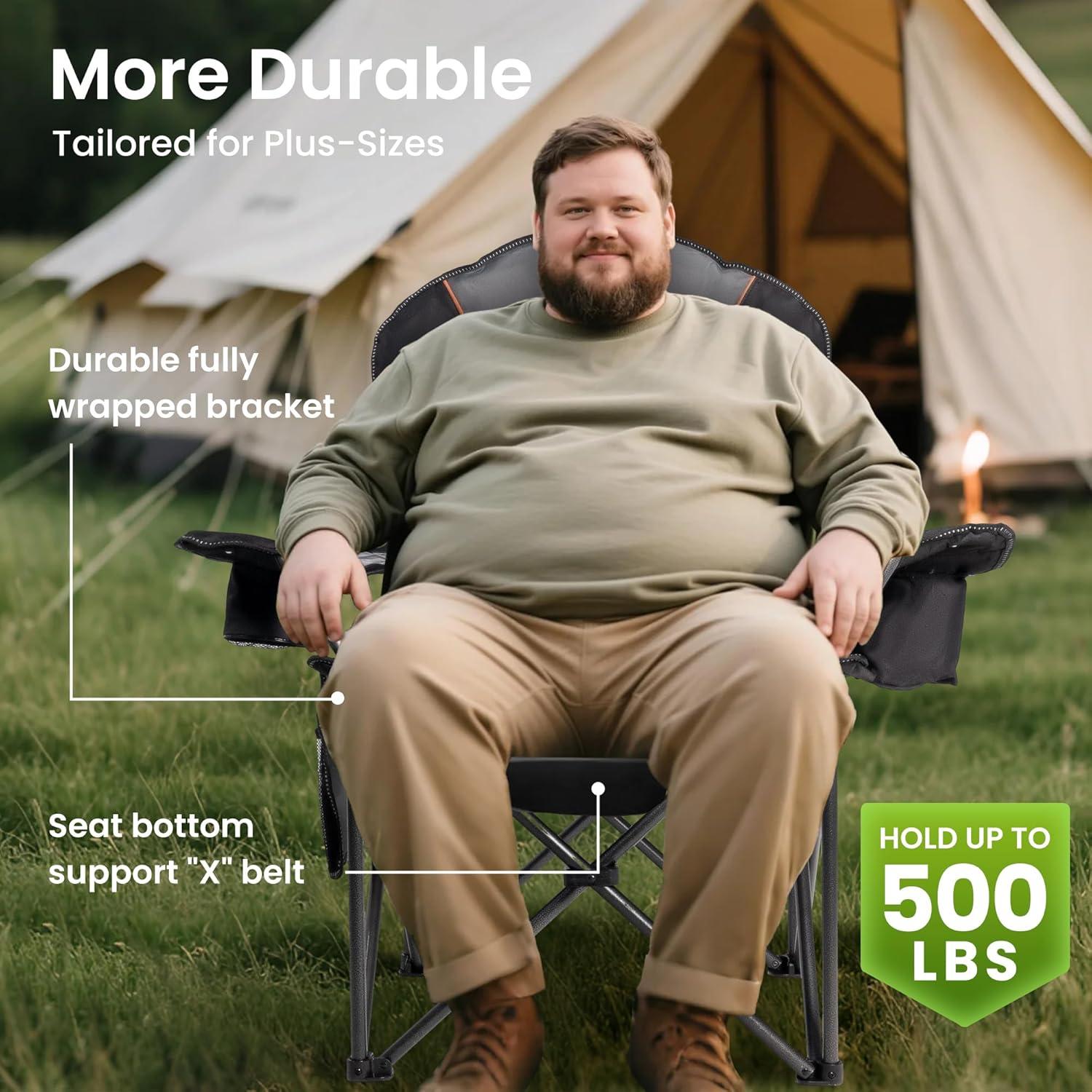 Oversized Camping Chair Heavy Duty 500LB - Portable Folding Chair with Cooler Bag, Cup Holder & Waterproof Phone Case for Adults, Beach, Hiking, Backyard (Black & Gray) - Image 4