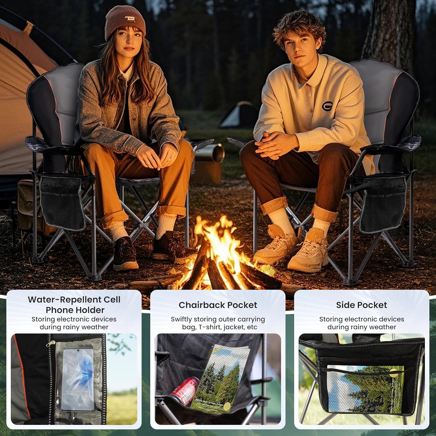 Oversized Camping Chair Heavy Duty 500LB - Portable Folding Chair with Cooler Bag, Cup Holder & Waterproof Phone Case for Adults, Beach, Hiking, Backyard (Black & Gray) - Image 5