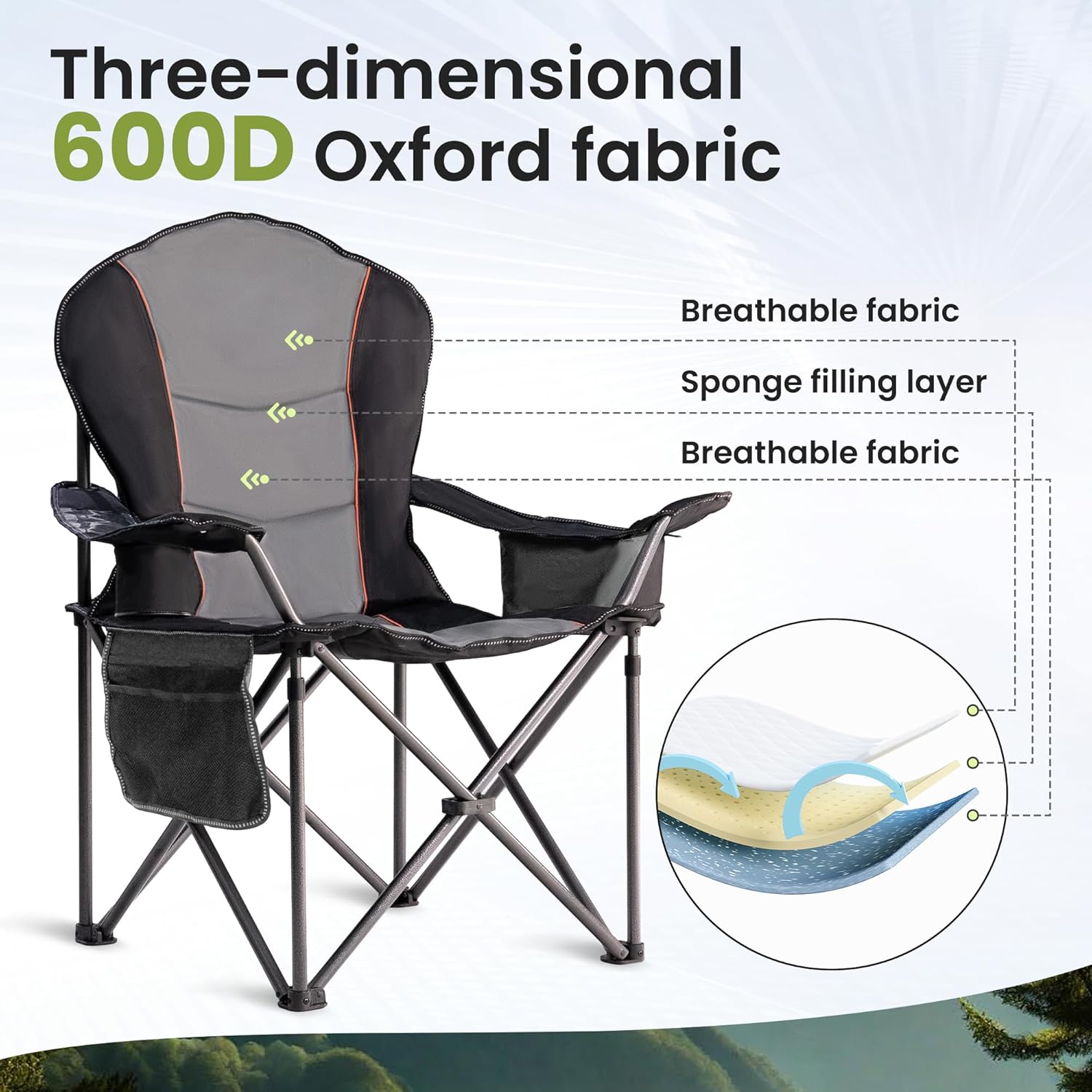 Oversized Camping Chair Heavy Duty 500LB - Portable Folding Chair with Cooler Bag, Cup Holder & Waterproof Phone Case for Adults, Beach, Hiking, Backyard (Black & Gray) - Image 7